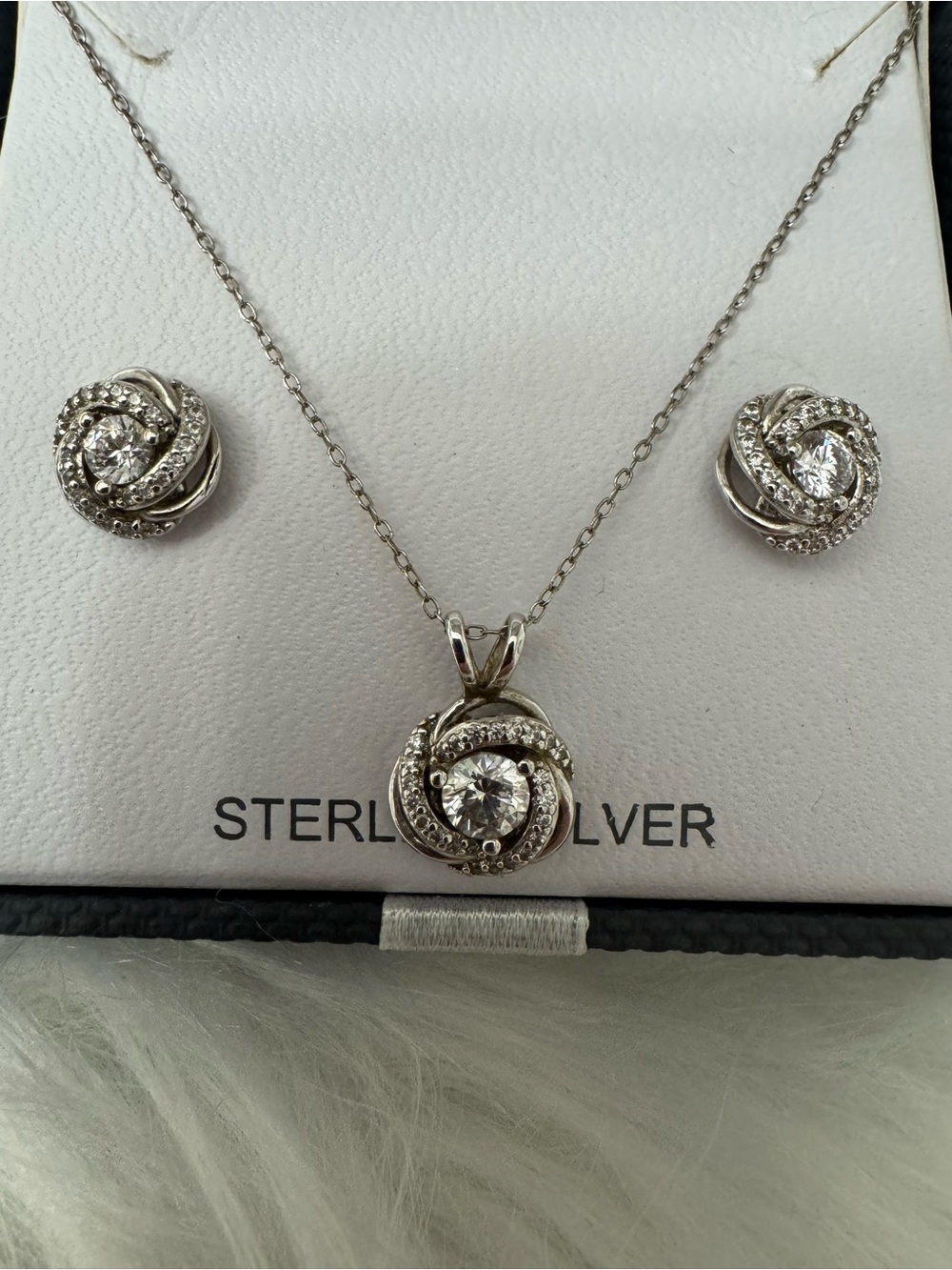 Diamonart Sterling silver CZ Swirl Pendant 18” & Stud CZ SS Earring Set